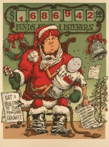 One of the many graphics from the 1999 struggle.  Santa holds the listeners like a baby.  Beside her right knee, a sign reads "Get a Free Lump of Coal from Santa Chadwick."  It refers to the then Pacifica Executive Director Lynn Chadwick.